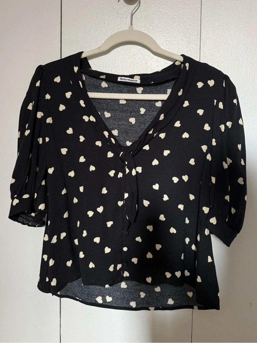 Reformation Joelle Top Black Heart-Print Tie-Neck Blouse